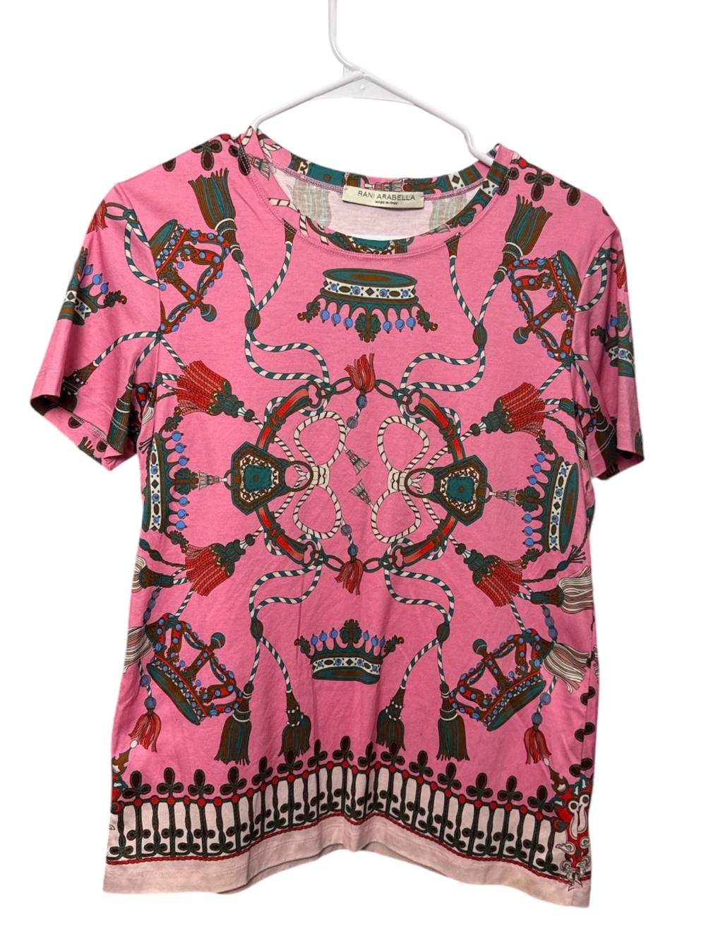 RANI ARABELLA Italy Pink Regal Crown Tassel Print Luxury Cotton Tee Size L